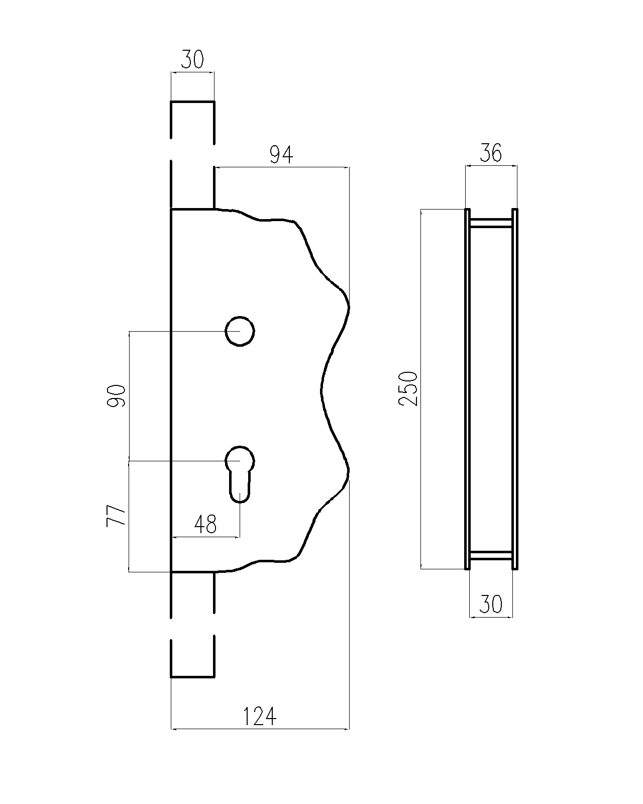 Kazetová sestava pro branku 250x125x30mm, otvor pro kliku ø 20mm, na profil 30x30mm, hladká, pro zámek ZM90/80