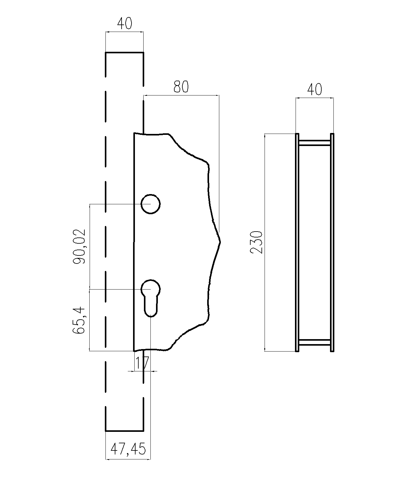 Kazetová sestava pro branku 230x93x40m, otvor pro kliku ø 20mm, na profil 40x40mm, zdobená, pro zámek ZM90/80