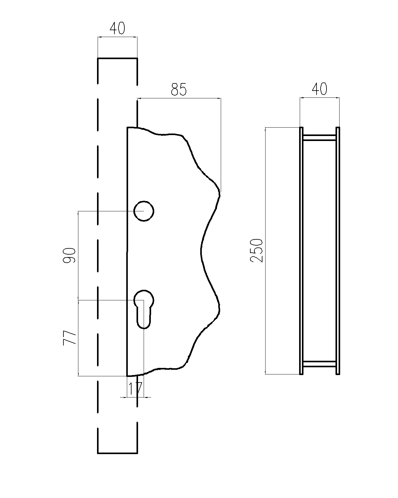Kazetová sestava pro branku 250x95x40mm, otvor pro kliku ø 19,5mm, na profil 40x40mm, hladká, pro zámek ZM90/80