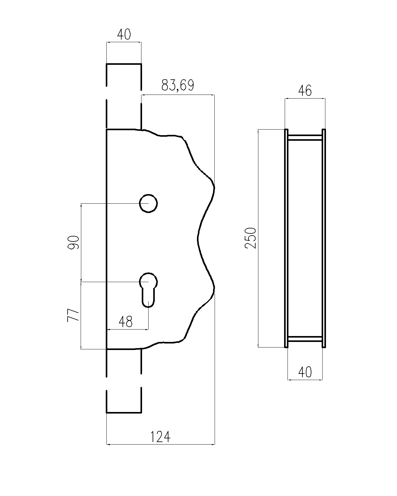 Kazetová sestava pro branku 250x95x40mm, otvor pro kliku ø 20mm, na profil 40x40mm, hladká, pro zámek ZM90/80