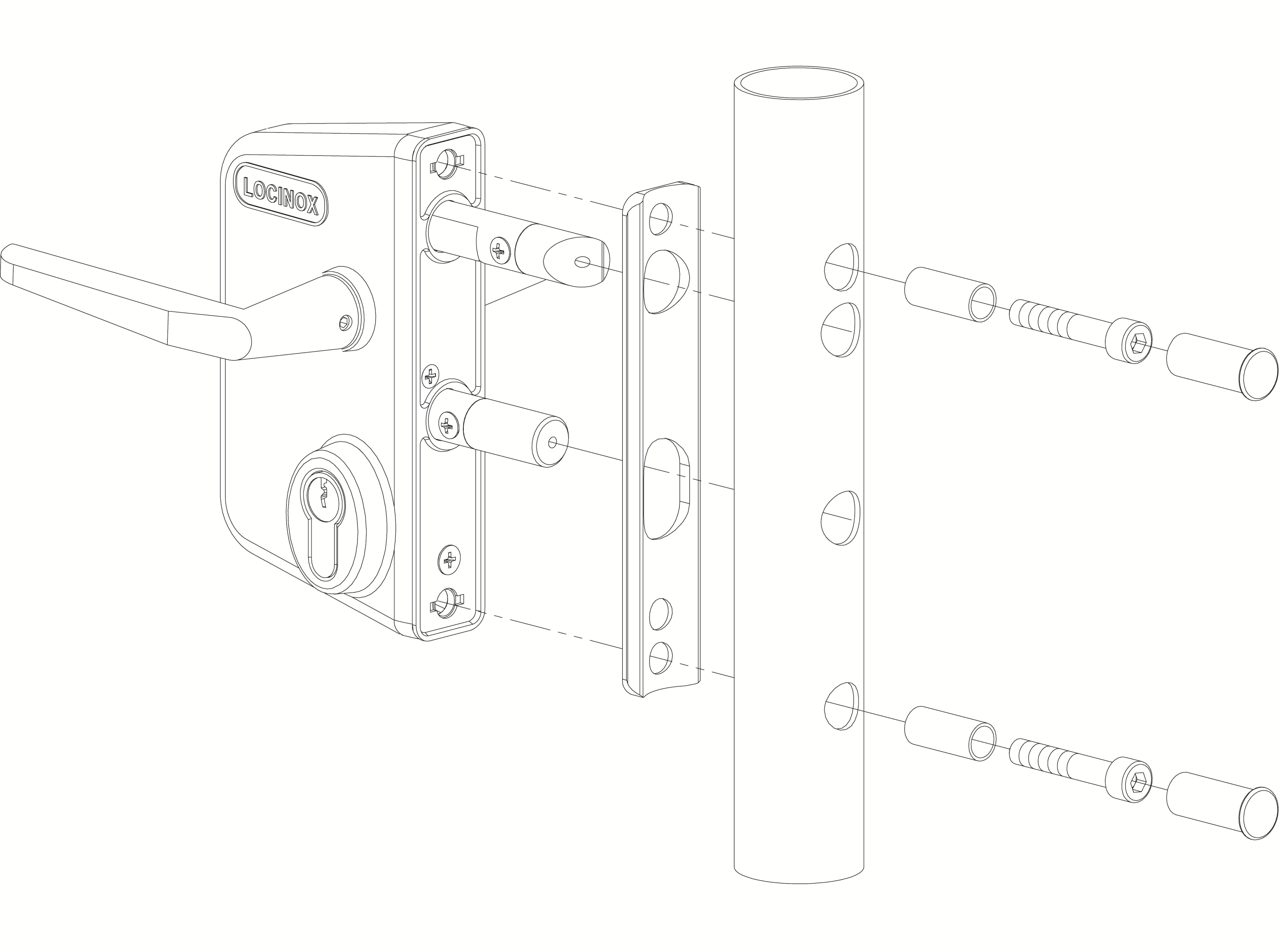 LOCINOX® Zámkový set LAKQ U2 pre profil Ø30 - Ø50 mm (kazeta, zámok, hliníkové kľučky, cylindrická vložka), voliteľná fa