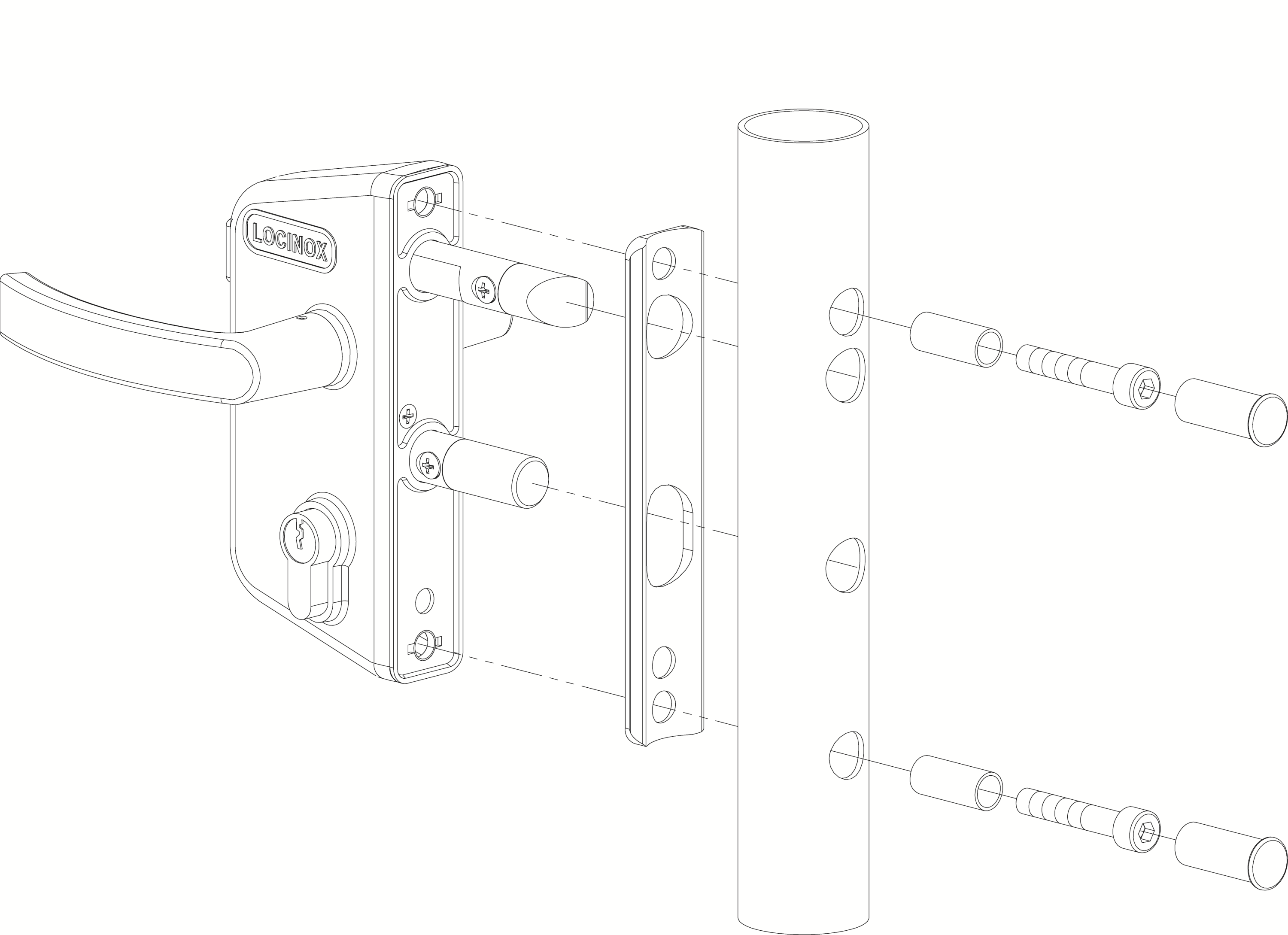 LOCINOX® Zámkový set LARZ P1 pre profil Ø40 mm (kazeta, zámok, polyamidové kľučky, cylindrická vložka), voliteľná farba