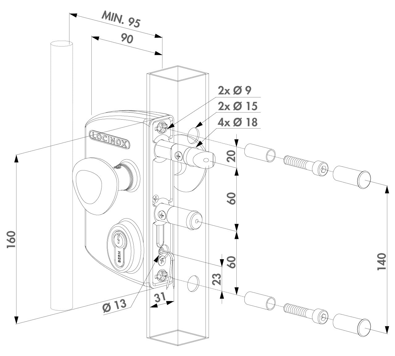 LOCINOX® povrchový elektrozámok LIRQ U2L-VSZR, funkcia FAIL CLOSE (kazeta, zámok, cylindrická vložka, klučka typ R), pre