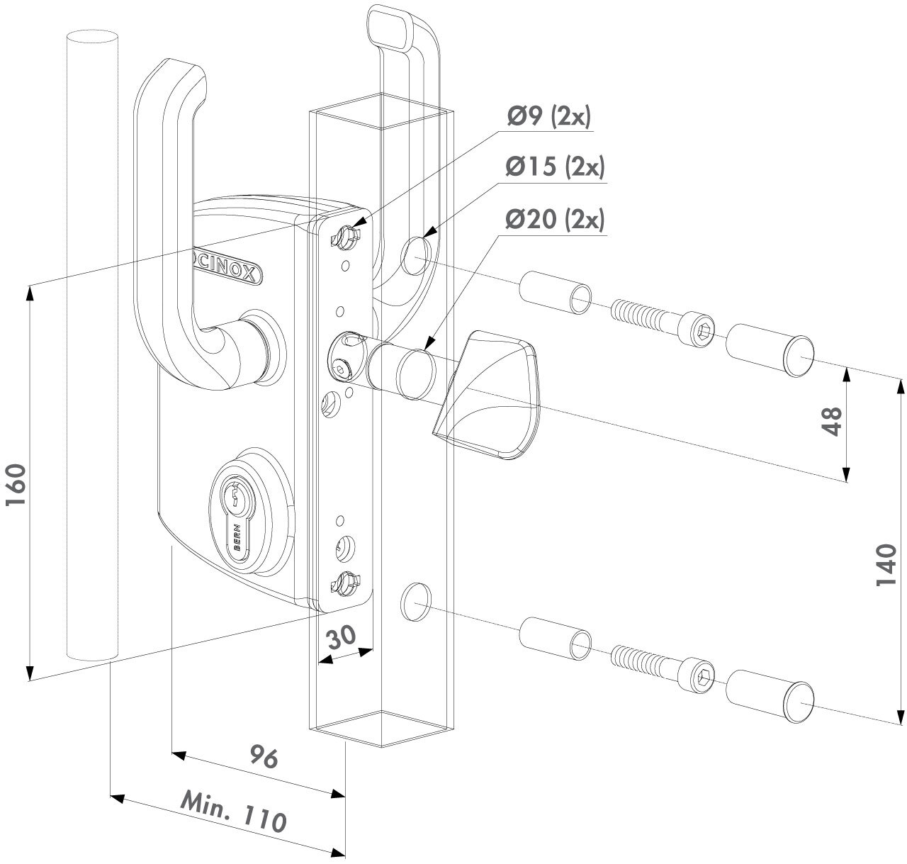 LOCINOX® povrchový zámek, pro profil 80x80mm