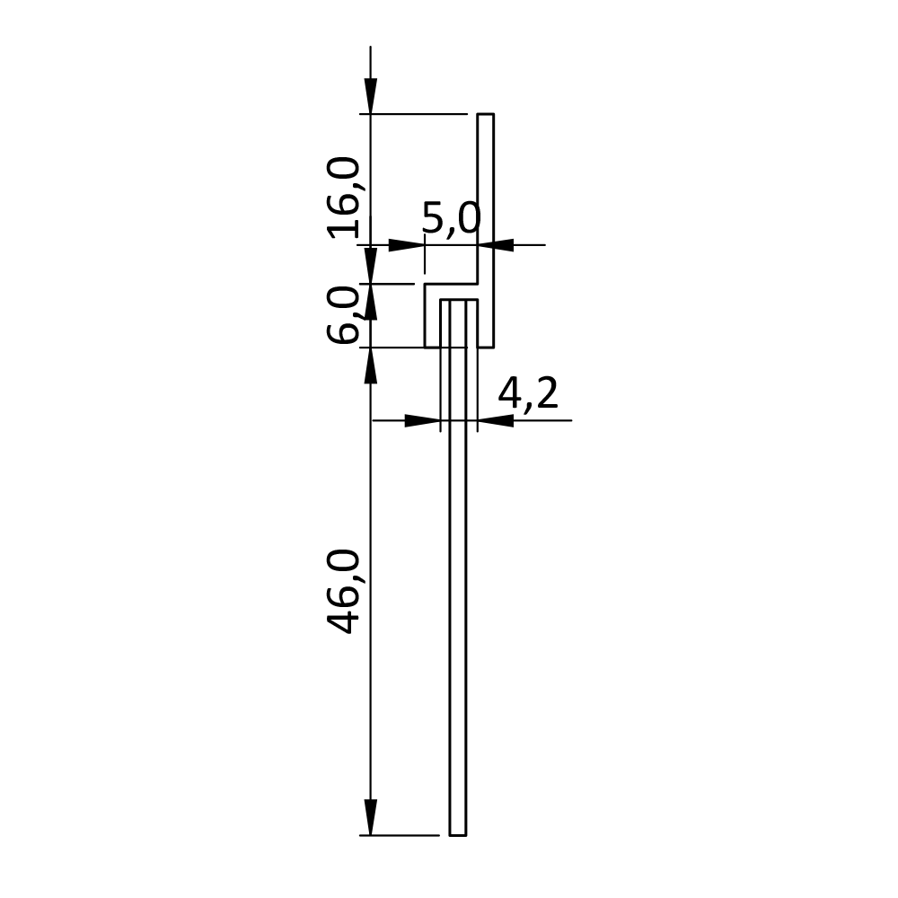 Hliníková těsnící lišta s kartáčem, H = 16 mm, h = 6 mm, L = 46 mm (délka vlasce), A = 5 mm, celková délka 1000mm