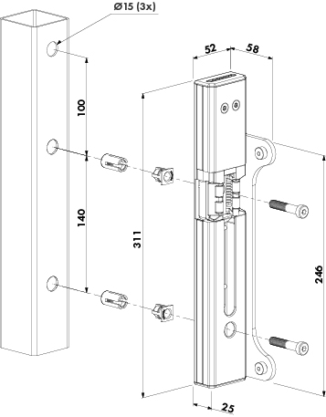 LOCINOX® povrchový elektrozámek SF pro křídlové brány, funkce FAIL CLOSE, blokace v tahu 300 KG, pro profil 40 - 60mm, e