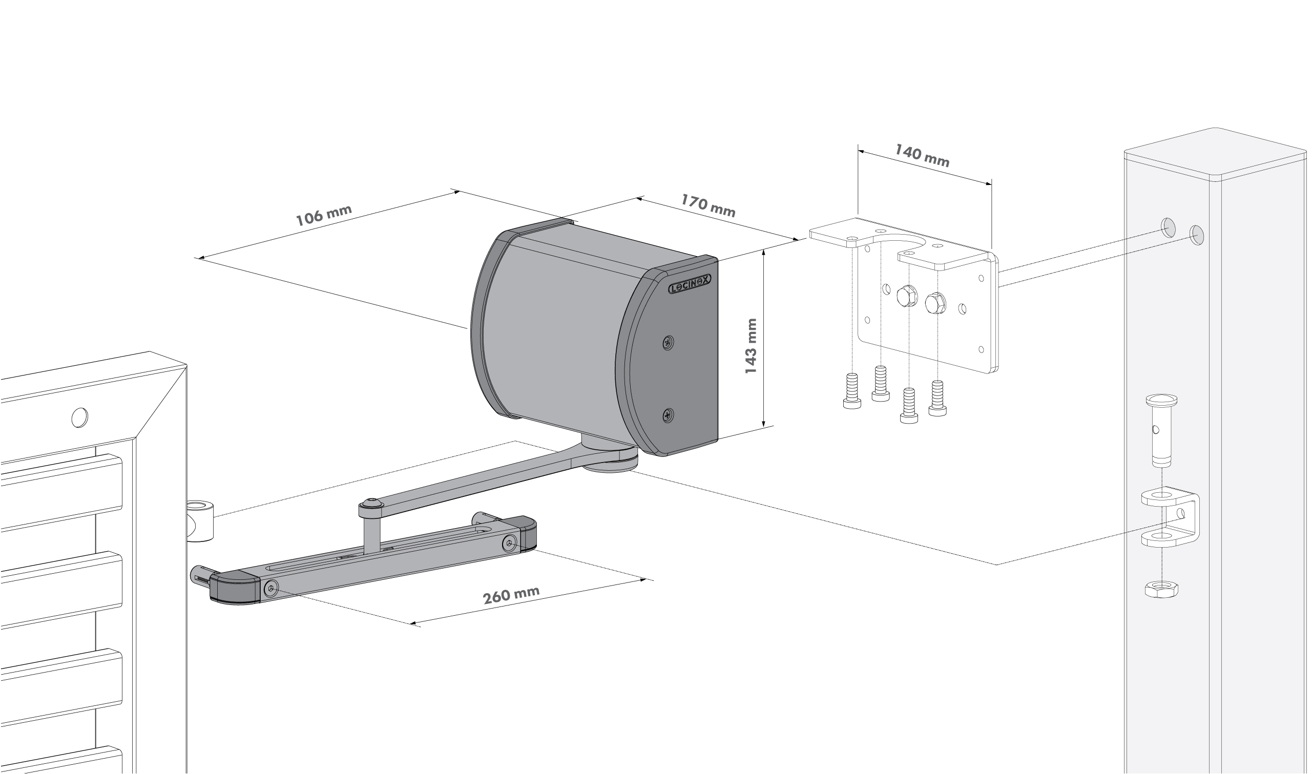 LOCINOX® PANTHER-9005 - hydraulický zavírač s kluznou lištou, uchycení na sloupek nebo na stěnu, pro křídlové brány a br