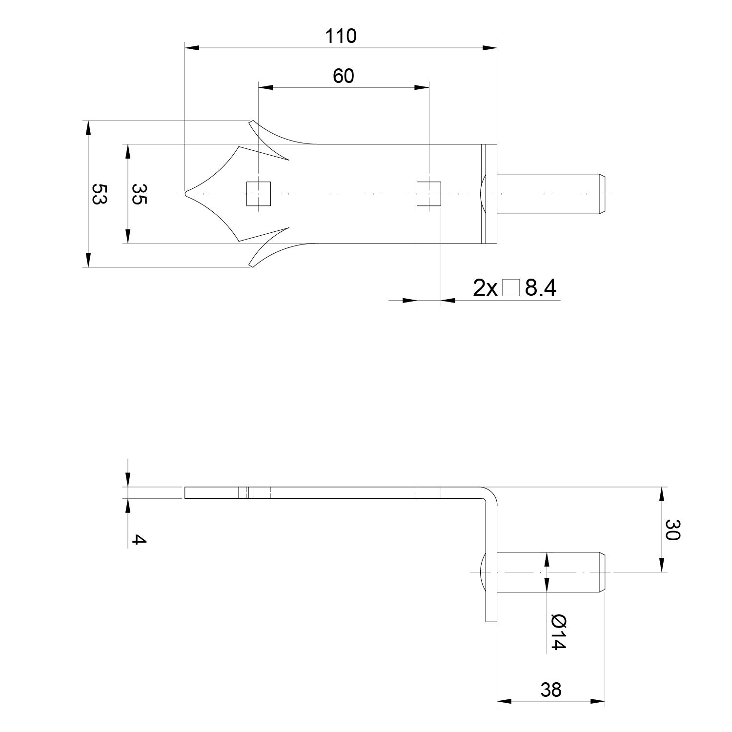 Kování ozdobné, 150 x 35 mm, ø14 mm, černá barva