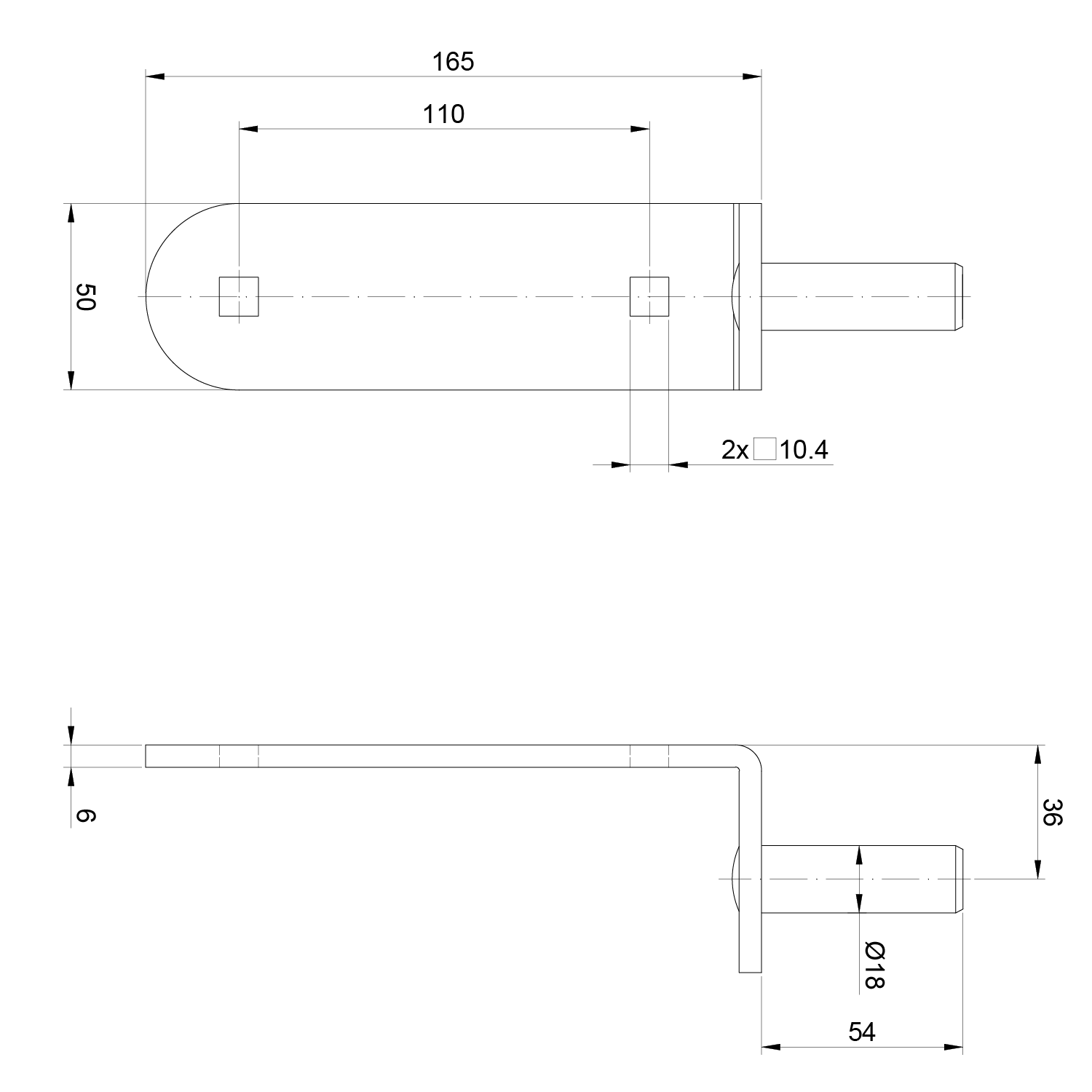 Kování ozdobné, 150x35 mm, ø 18 mm, černé.