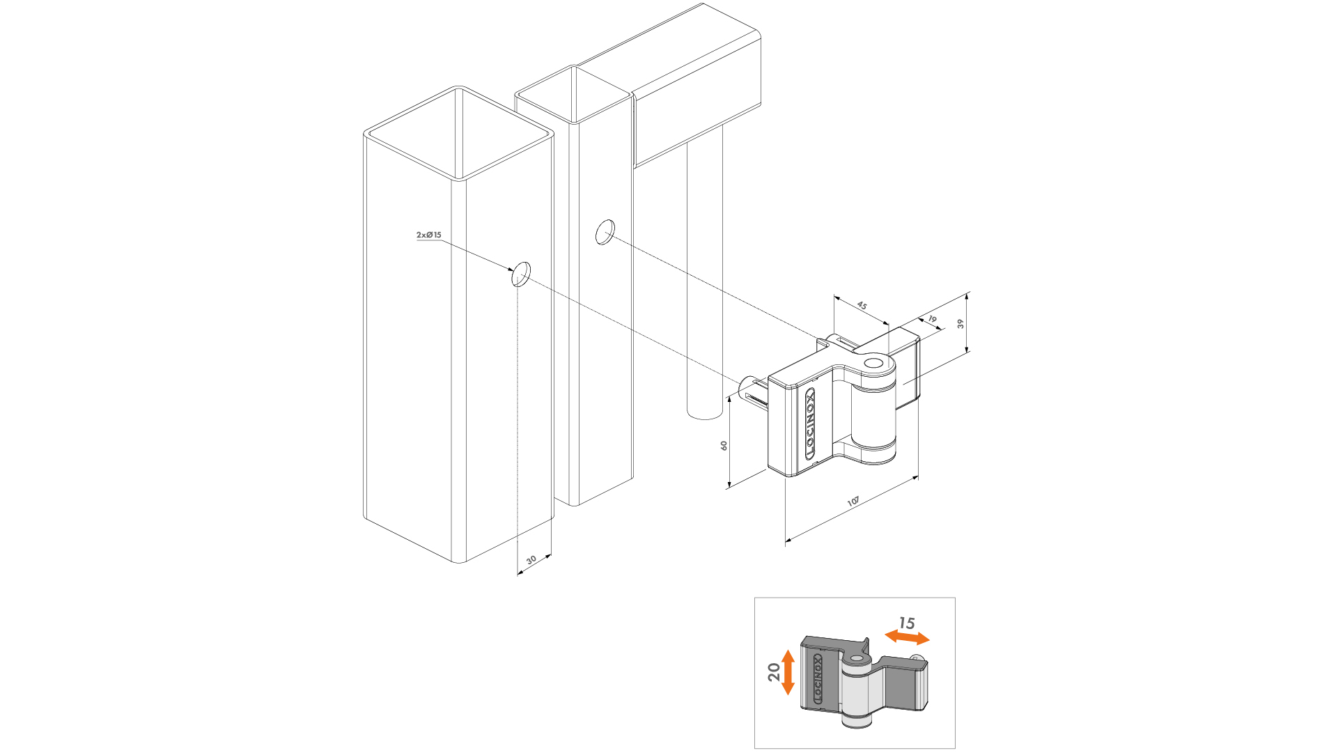 Záves pre krídlové bránky do 60 kg/1 m, otvárateľný do 180°, SILV