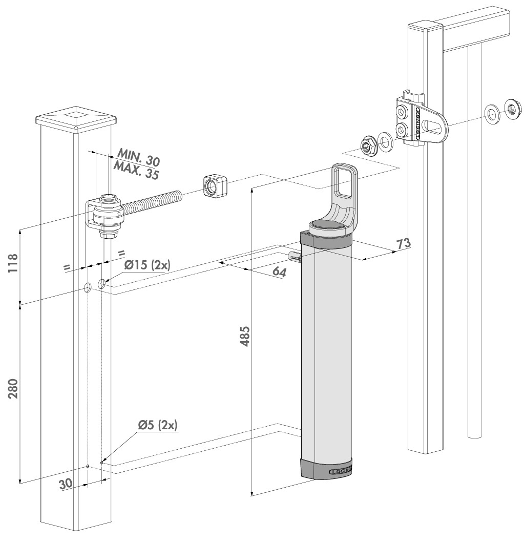 LOCINOX® RHINO hydraulický zavírač otevíratelný 180°, pro přímou montáž na panty se závitem M16 a M20