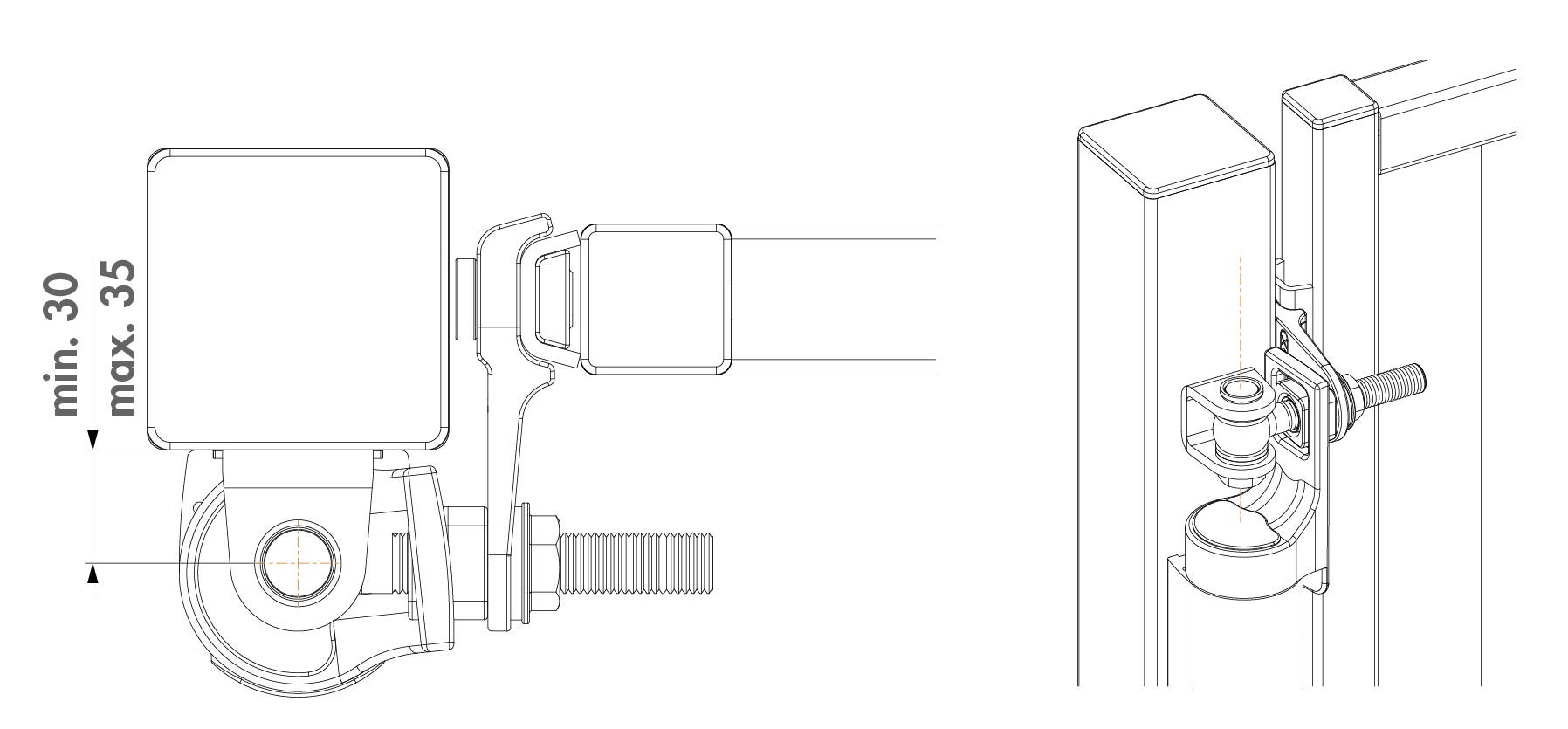 LOCINOX® RHINO hydraulický zavírač otevíratelný 180°, pro přímou montáž na panty se závitem M16 a M20