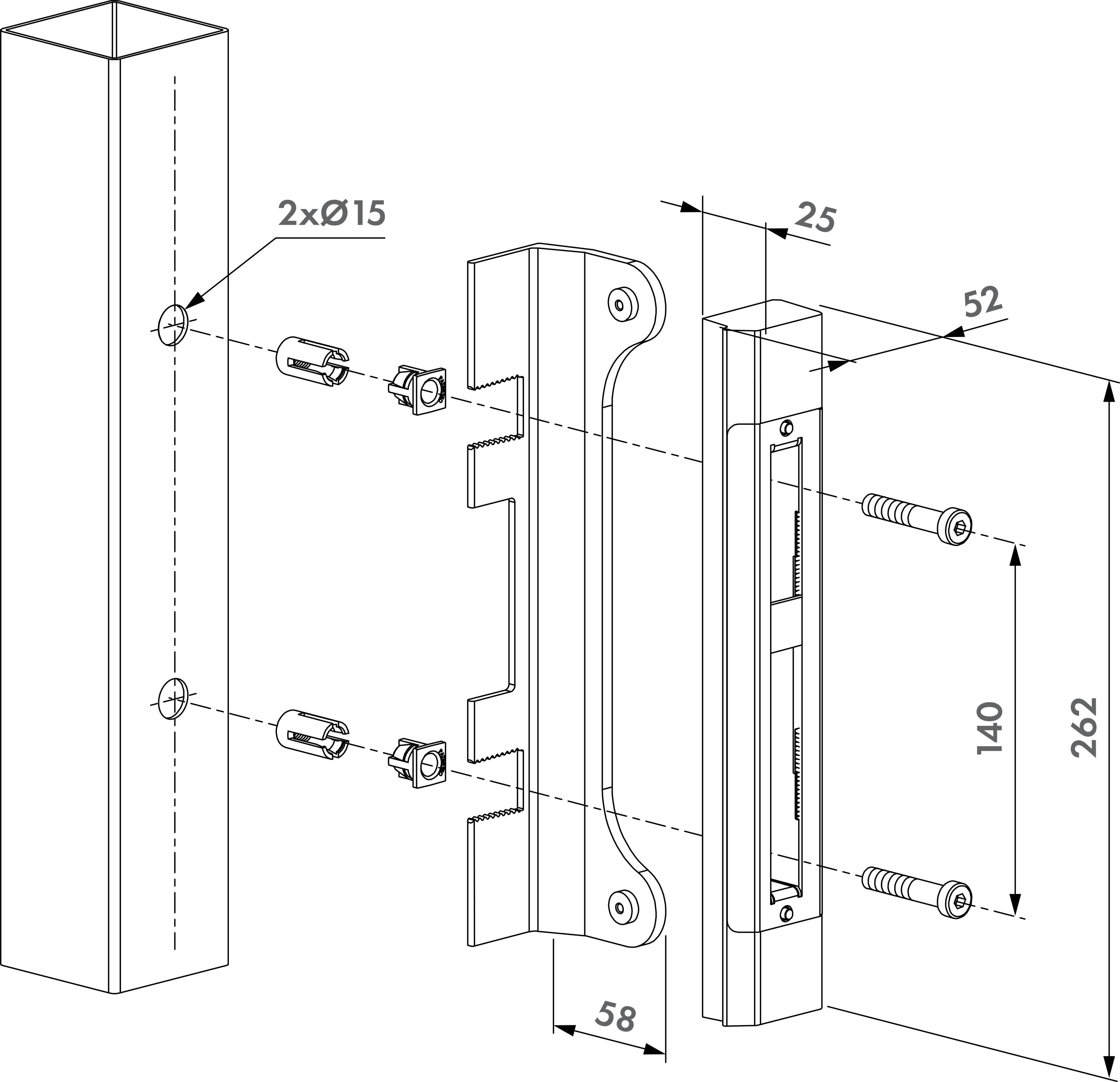 LOCINOX® SFKO dorazová lišta pre zámky FORTYLOCK, FIFTYLOCK, SIXTYLOCK, nastaviteľná pre šírku profilu 40 - 60 mm