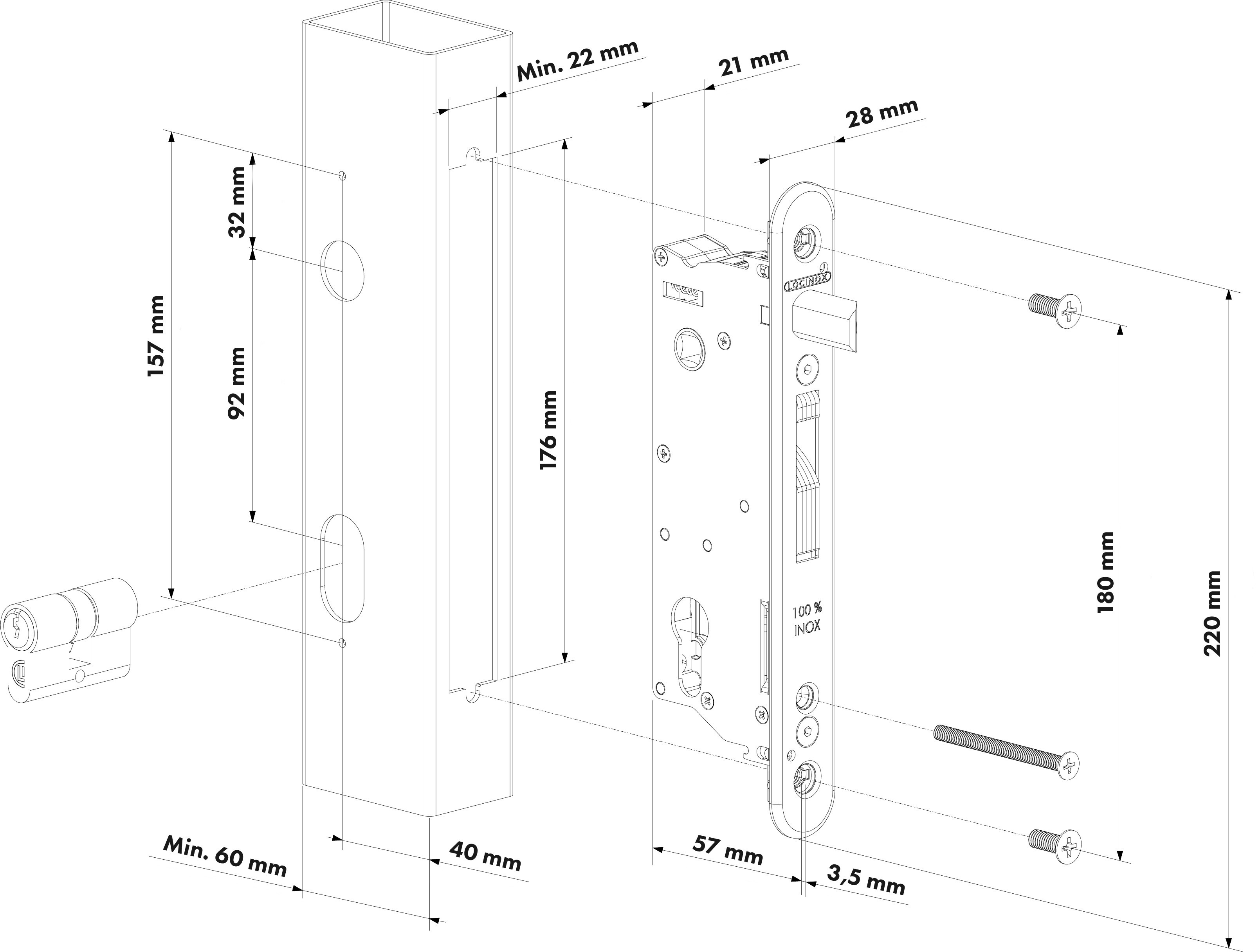 LOCINOX® SIXTYLOCK zadlabávací zámek pro křídlové vrata, rozteč 92 mm, zádlab 57 mm, pro profil 60 mm a více