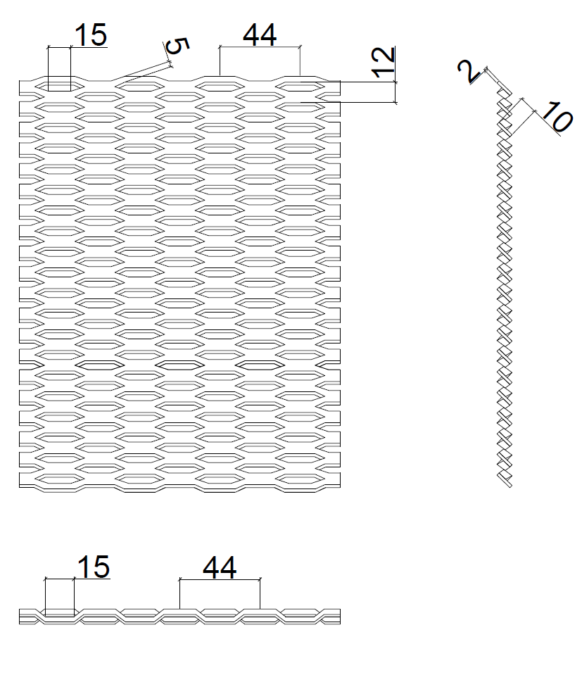 VZORKA ťahokov Zn, kosoštvorcové oko: 44x12mm, mostík: 5mm (1000x1500x1.5mm), orientácia oka: rozmer oka 44mm je rovnobe
