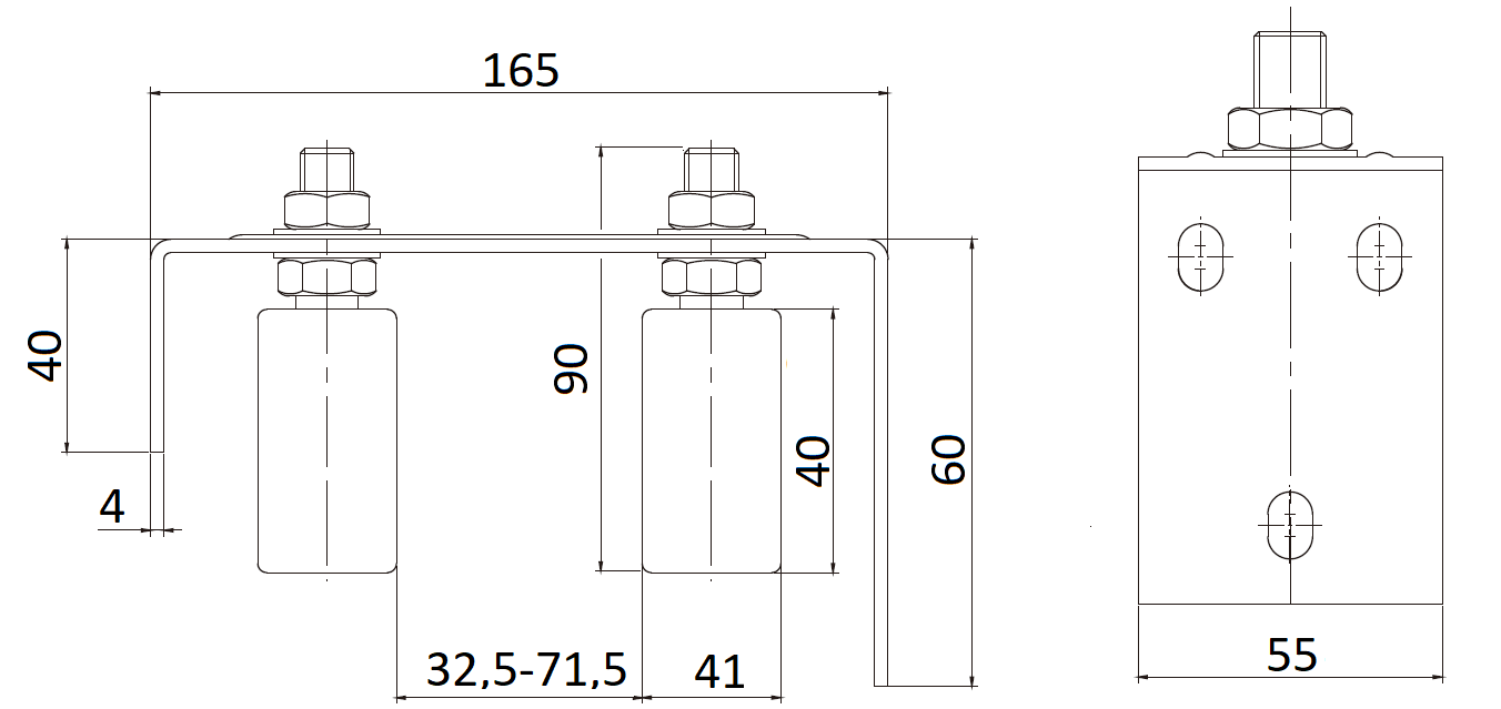 Horní vedení vrat 165x90x55mm, nastavitelná šířka 32,5-71,5mm, 2x nylon. vodící válečky 41x44mm