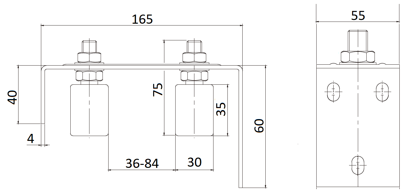 Horní vedení vrat 165x75x55mm, nastavitelná šířka 36-84mm, 2x nylon. vodící válečky 30x35mm