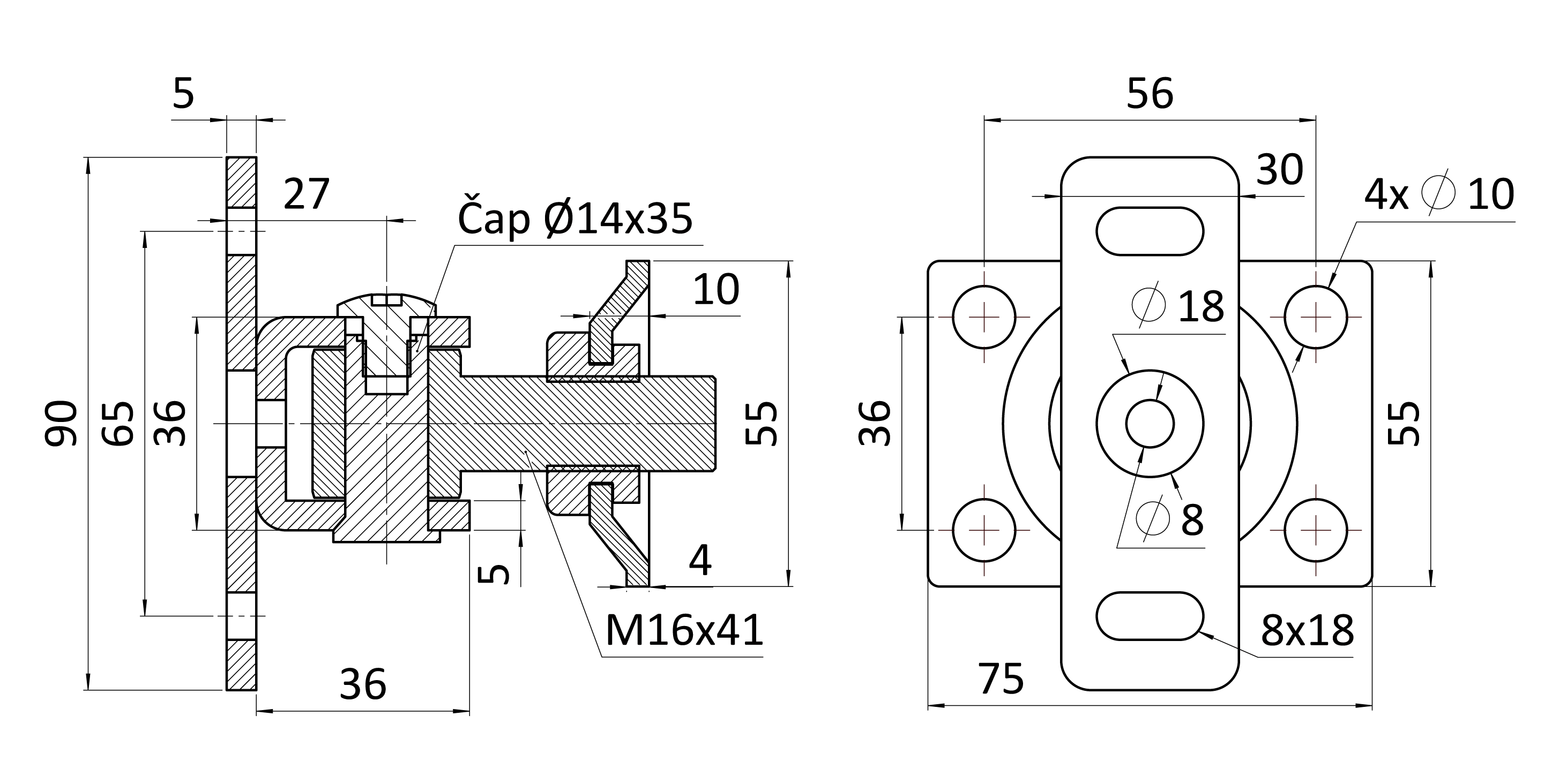 Závěs M16 s plotnou 75x55mm, otvíratelný 180°, nastavitelný, nerezový
