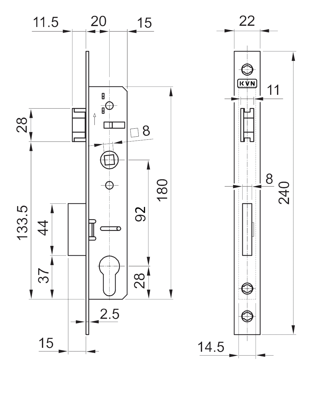 Zámok vložkový, zápust 35mm, rozteč 92mm, obojstranný, poniklovaná predná lišta