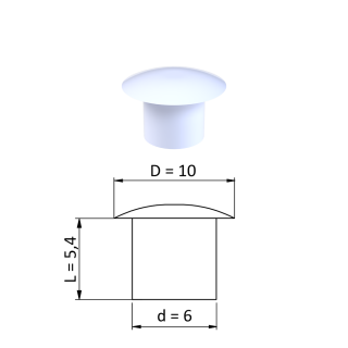 Vnitřní krytka kulatá ø 10 mm, otvor ø 6 mm, bílá, plast