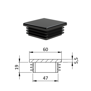 Krytka plastová 60 x 60 x 3 - 5 mm, černá