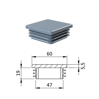 Krytka plastová 60 x 60 x 3 - 5 mm, šedá